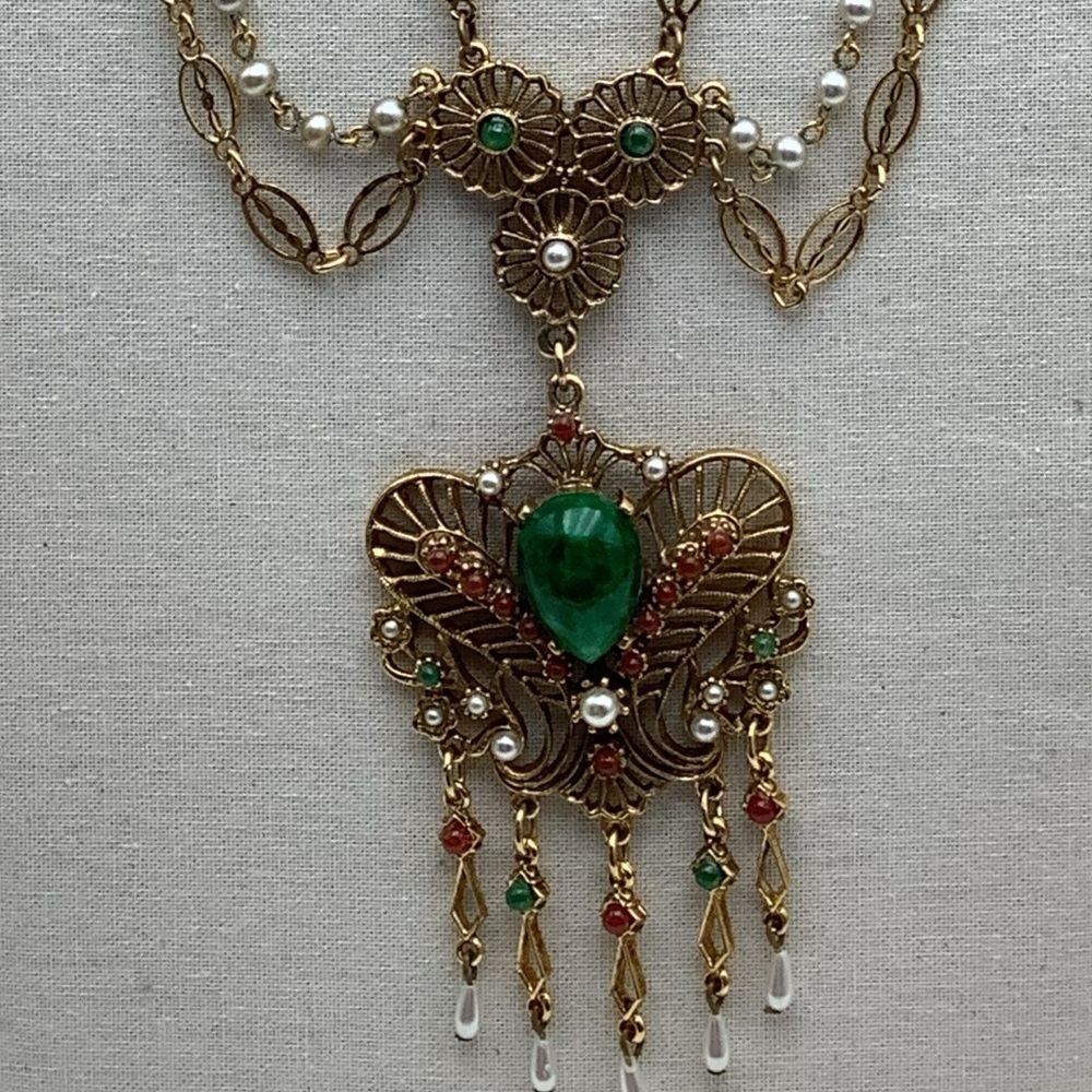 Vintage ART Design Gold and Green Statement Necklace With Pearls #27SN - Picture 6 of 8